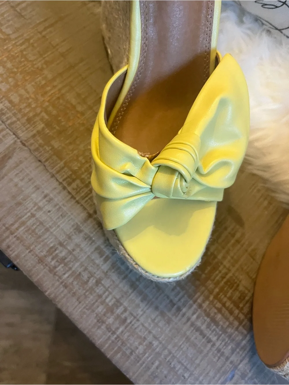Yellow soft leather Knot Espadrille Wedge Sandals with Ankle Strap - Women